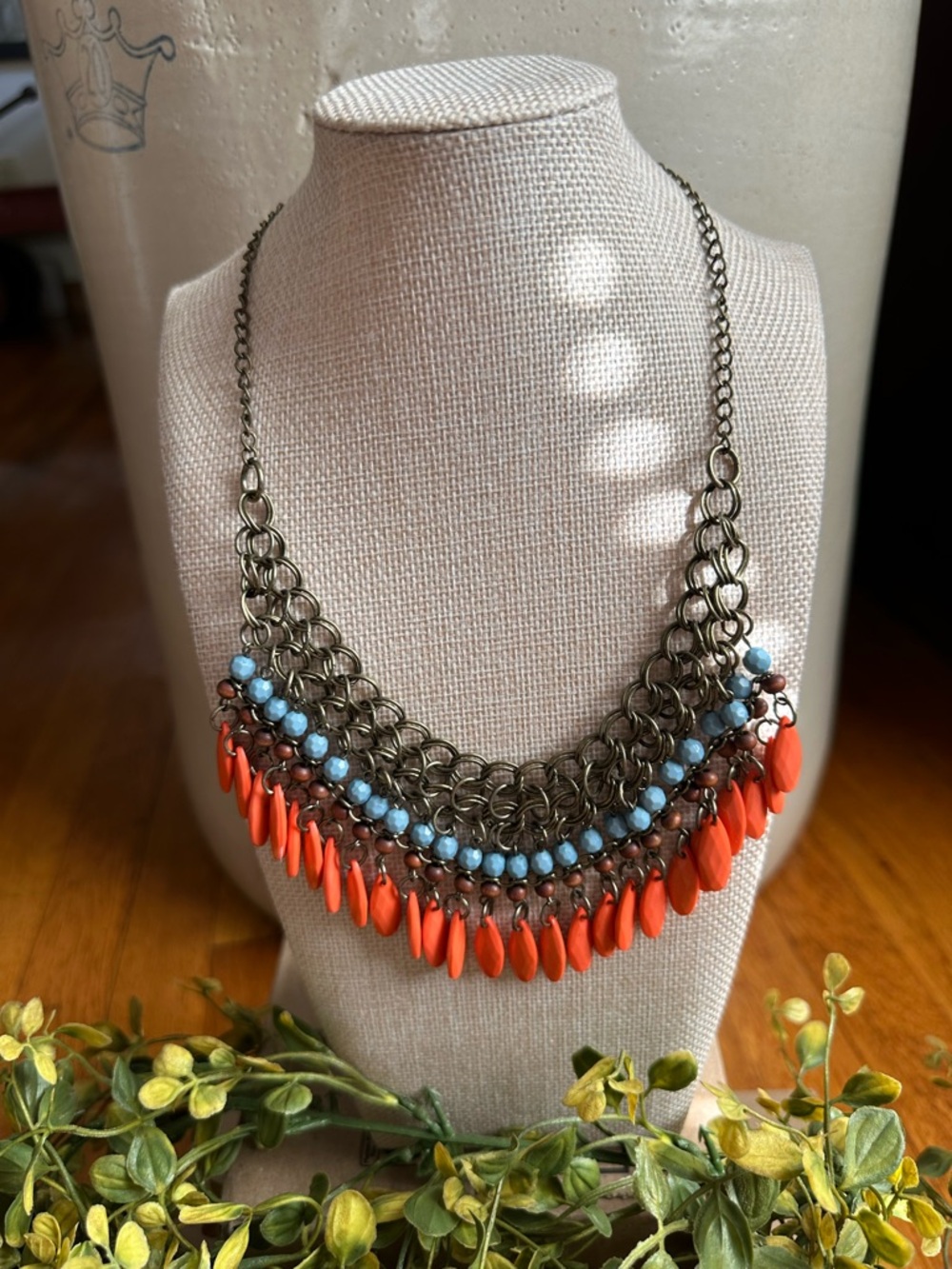 Boho Statement Coral and Baby Blue Bib Necklace